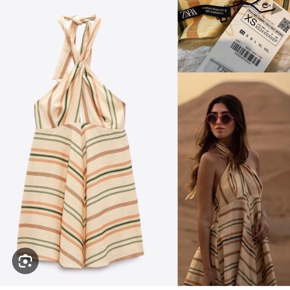 Zara Linen Halter Mini Striped Dress